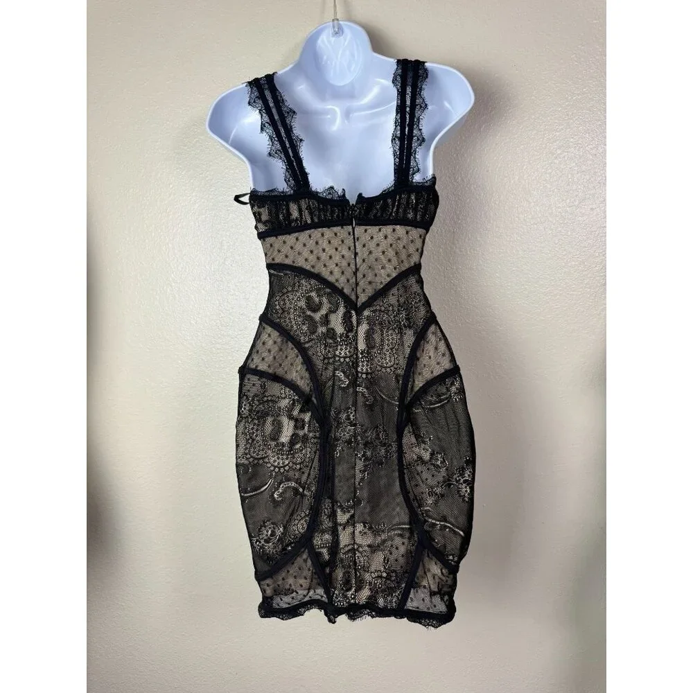 Bebe Black Lace Beige Mini Slip Dress Women size Small Coquette Sexy Fairy Grung - Picture 2 of 16